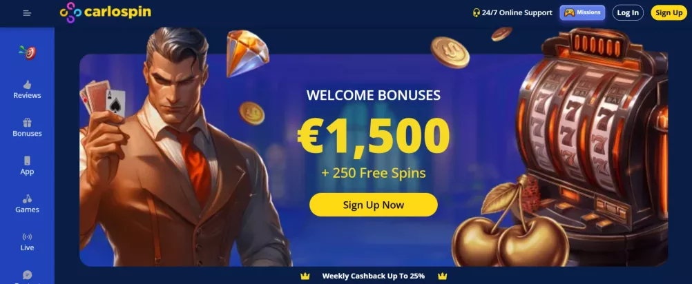Carlospin Casino — 100% bonus tot €500 + 100 gratis spins welkomstpakket
